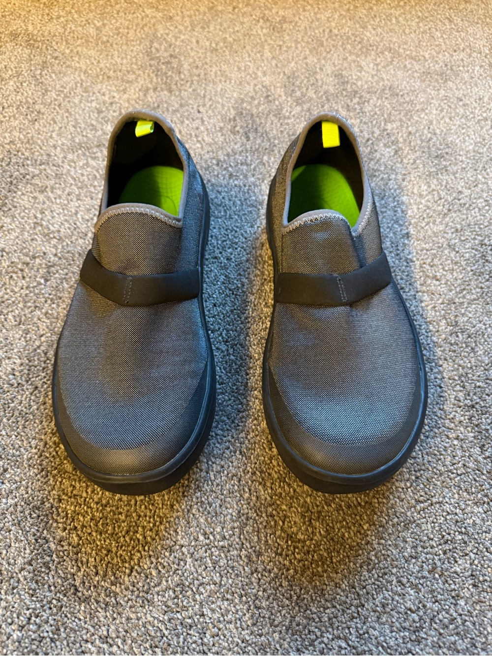 OOFOS Women's Slip-On Loafers in Charcoal Gray with Lime Green Insole